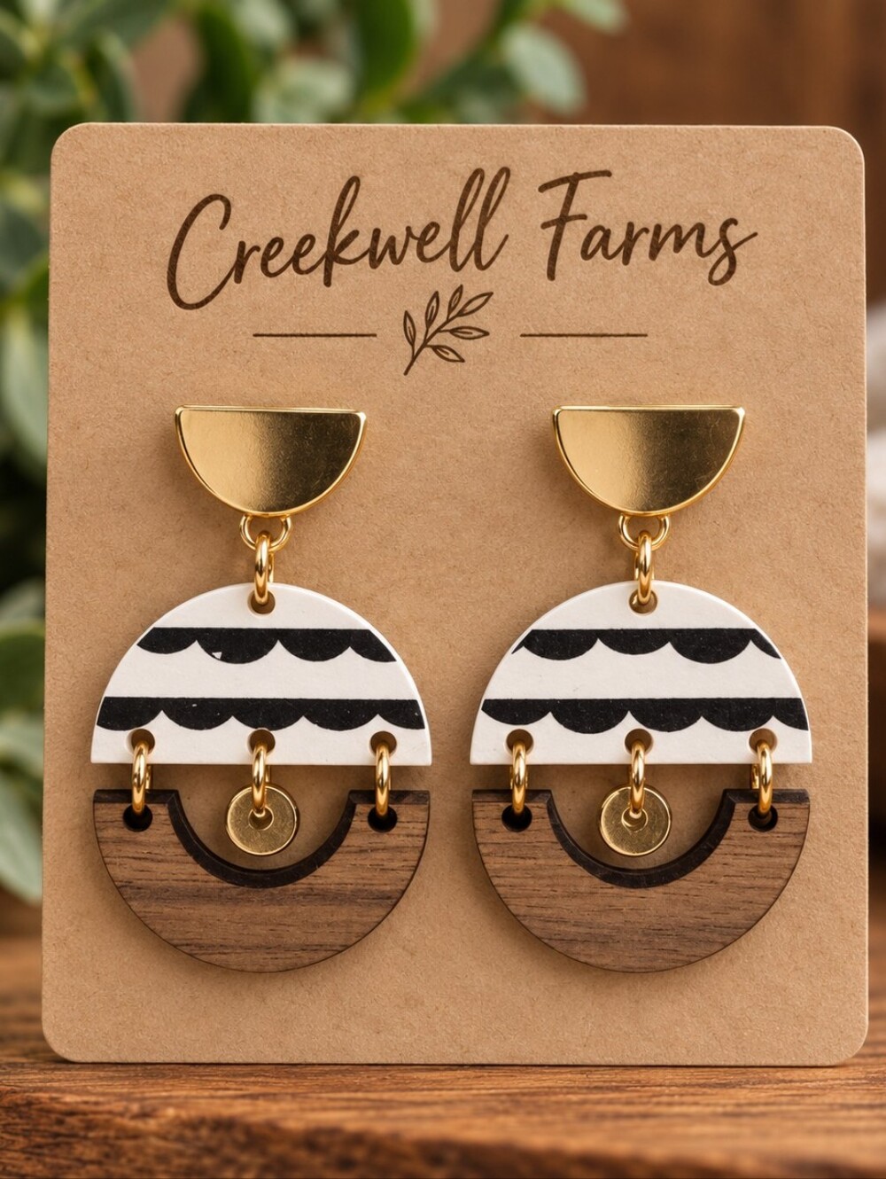 Gold, Black & Wood Semi-Circle Drop Earrings - Modern Geometric Design Statement
